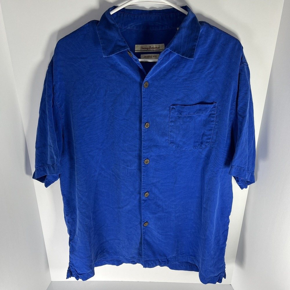 Tommy Bahama 100% Silk Shirt Button Down Men Medium Blue Short Sleeve Pocket EUC